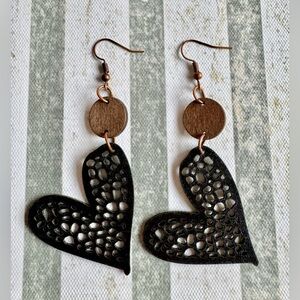 New Faux Leather Black Heart & Wooden Disk Valentines Earrings - 3.25”